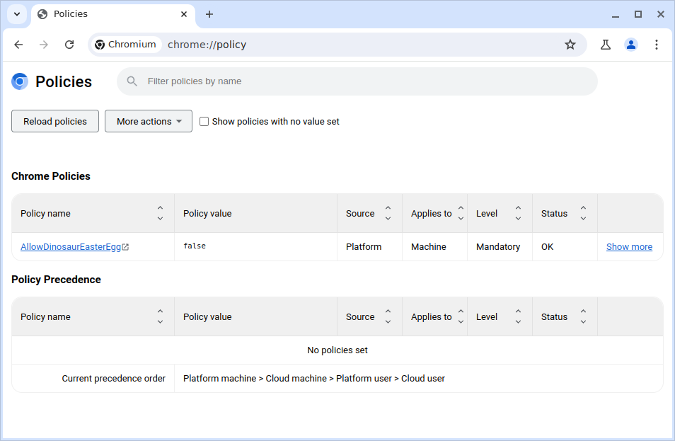 A screenshot of the chrome://policy page