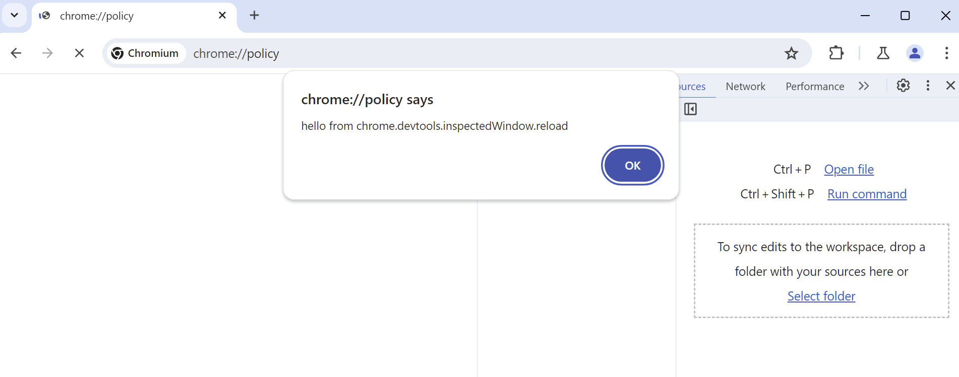 A screenshot of an alert() on chrome://policy.