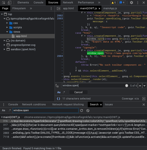 A screenshot of the DevTools sources tab on QuickOffice.